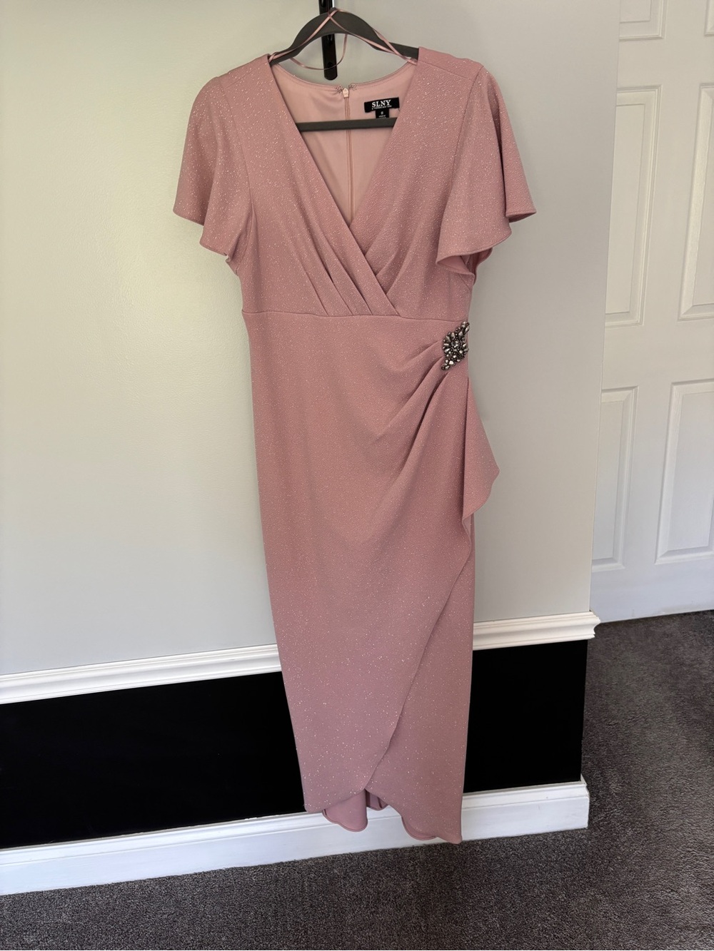 SLNY Dusty Rose Sparkle Wrap-Style Long Dress